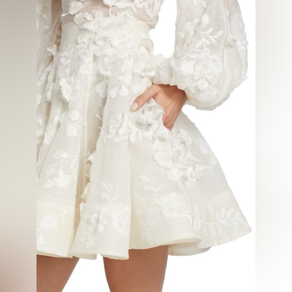 Zimmermann Postcard Floral-Appliqued Linen-Silk Full Mini Skirt Size Zimm 1 - Picture 6 of 16